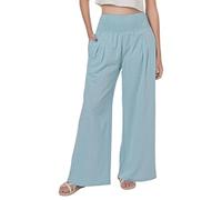 Lofbaz Femme Pantalon Large Été en Coton et Lin Fluide Palazzo Plage Taille Haute Bohème Long Pantalon de Salon avec Poches Bleu Ciel S