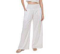 Lofbaz Femme Pantalon Large Été en Coton et Lin Fluide Palazzo Plage Taille Haute Bohème Long Pantalon de Salon avec Poches Blanc M
