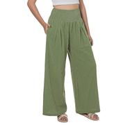 Lofbaz Femme Pantalon Large Été en Coton et Lin Fluide Palazzo Plage Taille Haute Bohème Long Pantalon de Salon avec Poches Vert Sauge M