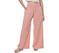 Lofbaz Femme Pantalon Large Été en Coton et Lin Fluide Palazzo Plage Taille Haute Bohème Long Pantalon de Salon avec Poches Rose Bois de Rose M