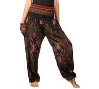 Lofbaz Femmes Floral Smocked Taille Harem Pantalon Boho Vêtements Noir S
