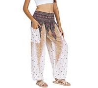 Lofbaz Femmes Paon Impression Smocked Taille Harem Pantalon Blanc S