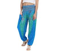 Lofbaz Femmes Paon Impression Smocked Taille Harem Pantalon Bleu Clair L