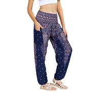 Lofbaz Femmes Paon Impression Smocked Taille Harem Pantalon Bleu Foncé M