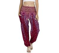 Lofbaz Femmes Paon Impression Smocked Taille Harem Pantalon Bourgogne XL