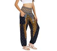 Lofbaz Femmes Paon Impression Smocked Taille Harem Pantalon Noir 2XL