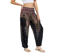 Lofbaz Femmes Paon Impression Smocked Taille Harem Pantalon Noir B S