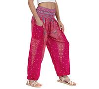 Lofbaz Femmes Paon Impression Smocked Taille Harem Pantalon Rose L