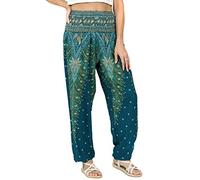 Lofbaz Femmes Paon Impression Smocked Taille Harem Pantalon Teal Vert 3XL
