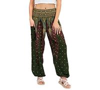Lofbaz Femmes Paon Impression Smocked Taille Harem Pantalon Vert 2XL
