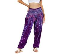 Lofbaz Femmes Paon Impression Smocked Taille Harem Pantalon Violet B XL