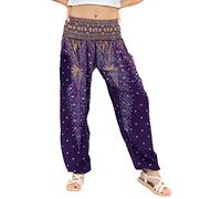 Lofbaz Femmes Paon Impression Smocked Taille Harem Pantalon Violet XL