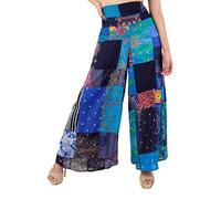 Lofbaz Femmes Patchwork Jambe Large Palazzo Pantalon Yoga Salon Hippie Harem Pantalon Fluide Juniors Dames Voyage vêtements de Plage Patchwork Bleu S