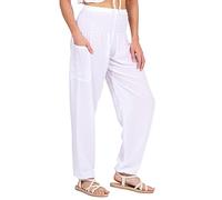 Lofbaz Femmes Rayonne Impression Smocked Taille Boho Harem Pantalon Solid Blanc M