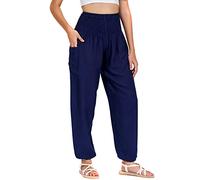 Lofbaz Femmes Rayonne Impression Smocked Taille Boho Harem Pantalon Solid Bleu Foncé XL
