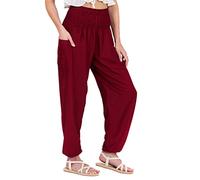 Lofbaz Femmes Rayonne Impression Smocked Taille Boho Harem Pantalon Solid Bourgogne XL