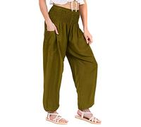 Lofbaz Femmes Rayonne Impression Smocked Taille Boho Harem Pantalon Solid Dark Vert XL