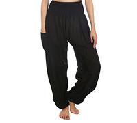 Lofbaz Femmes Rayonne Impression Smocked Taille Boho Harem Pantalon Solid Noir XL