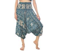 Lofbaz Femmes Thaïlandais Éléphant Smocked Combinaison Harem Pantalon Teal Vert M