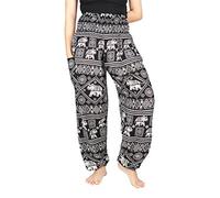 Lofbaz Pantalon Sarouel Femmes Taille Smockée Éléphant Stamp Noir L