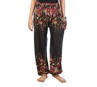 Lofbaz Pantalon Sarouel Femmes Taille Smockée Floral Noir 2XL