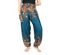 Lofbaz Pantalon Sarouel Femmes Taille Smockée Floral Vert Sarcelle XL