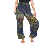 Lofbaz Pantalon Sarouel Femmes Taille Smockée Paon Bleu B L
