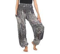 Lofbaz Pantalon Sarouel Femmes Taille Smockée Paon Noir B XL