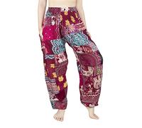 Lofbaz Pantalon Sarouel Femmes Taille Smockée pièce Harem Boho Pants - Bourgogne - OS