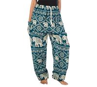 Lofbaz Women's Thai Elephants Drawstring Harem Boho Pants Teal Vert 2XL