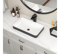 Lofeyo Évier semi-encastré de 48,3 x 30,5 cm, lavabo rectangulaire en céramique blanc et noir, lavabo moderne au-dessus du comptoir pour petite salle de bain