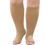 LOFIR Chaussettes de Compression pour Hommes et Femmes: 20-30mmhg Chaussettes de Contention Medicale Graduel Bas de Soutien Compression Orteil Ouvert Mollets Épais Taille Grande Beige 1 Paire