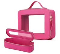 LOFOWN Petite trousse de maquillage transparente et trousse de toilette étanche pour femme, pochette de maquillage pour voiture avec fermeture éclair, Fuchsia, L+Slim, Trousse de maquillage de voyage