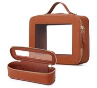 LOFOWN Petite trousse de maquillage transparente et trousse de toilette étanche pour femme, pochette de maquillage pour voiture avec fermeture éclair, marron, L+Slim, Trousse de maquillage de voyage
