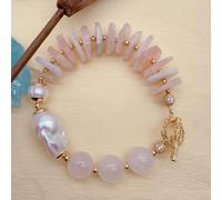 LOFWSGPRX 16x25mm Cultured White Baroque Pearl 16mm Beryl Rose Quartz Beaded Bracelet Women Jewelry Nice Gift