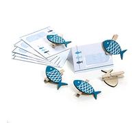 Logbuch-Verlag 12 cartons de table bleu en style maritime + 12 pinces de bois en forme de poisson - décoration de table pour baptême ou communion
