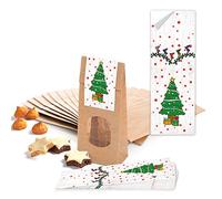 Logbuch-Verlag 25 petits sacs à fond avec fenêtre 7 x 4 x 20,5 cm marron + 25 autocollants de Noël en motif d'arbre vert - emballage convient pour aliments comme bonbons biscuits