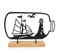 Logbuch-Verlag Bouteille postale en forme de voilier et phare - Objet de décoration maritime à poser - Idée cadeau - Mer - Côte - Noir - Métal - Bois - 8 x 4,5 x 18 cm