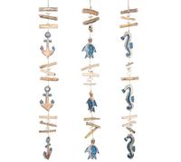 Logbuch-Verlag Décoration maritime à suspendre en bleu naturel 3 guirlandes avec tortues, ancres et hippocampes d'environ 100 cm en bois flotté