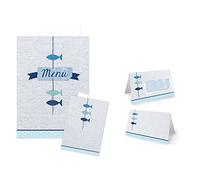 Logbuch-Verlag kit de décoration de table - 10 cartes de menu + 25 cartons de table - motif de 3 poissons bleu - décoration de table pour baptême & communion