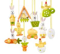 Logbuch-Verlag Lot de 11 décorations de Pâques en bois à suspendre - Multicolore - Lapin de Pâques - Œuf de Pâques - Poussin - Décoration de printemps - Nostalgie - 3,5-5 cm