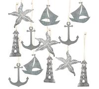 Logbuch-Verlag Lot de 12 pendentifs plats en métal - Étoile de mer - Ancre - Navires - Phare - Décoration maritime à suspendre - Argenté brillant - En métal