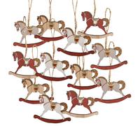 Logbuch-Verlag Lot de 12 pendentifs pour sapin de Noël - Chevaux à bascule - En bois - Rouge et beige - Nostalgie - 5,5 cm