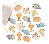 Logbuch-Verlag Lot de 18 décorations de table de communion, confirmation, symboles chrétiens, accessoires de bricolage en bois, croix, colombe, calice, 3-4 cm