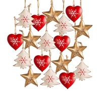 Logbuch-Verlag Lot de 18 pendentifs de Noël en forme de cœur et d'étoile - Rouge blanc doré - Décoration de Noël en métal - 4 cm