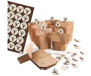 Logbuch-Verlag Lot de 24 petits sachets en papier à remplir soi-même pour calendrier de l'Avent avec 1 à 24 autocollants et pinces Rouge/vert