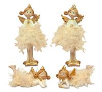 Logbuch-Verlag Lot de 4 figurines d'ange - Crème et doré - 12 cm | Deux figurines debout et deux couchées, ailes dorées et couronnes, jupe en tissu, 12 ou 8 cm