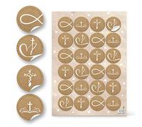 Logbuch-Verlag Lot de 48 autocollants avec symboles religieux chrétiens blanc et marron - Poisson Croix Cœur - décoration de communion et baptême - autocollants communion