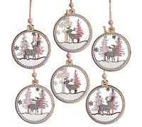 Logbuch-Verlag Lot de 6 boules de Noël en bois plat rose blanc paysage d'hiver Ø 6,5 cm