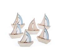 Logbuch-Verlag Lot de 6 petits voiliers en bois naturel bleu 8 cm Décoration maritime Bateaux Décoration de table Baptême Communion